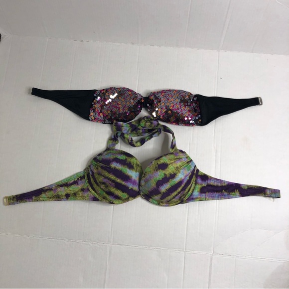 Victorias Secret Set of 2 Bikini Tops Swimsuit Medium & 36B Sequins Tie Dye Lot - Picture 1 of 6